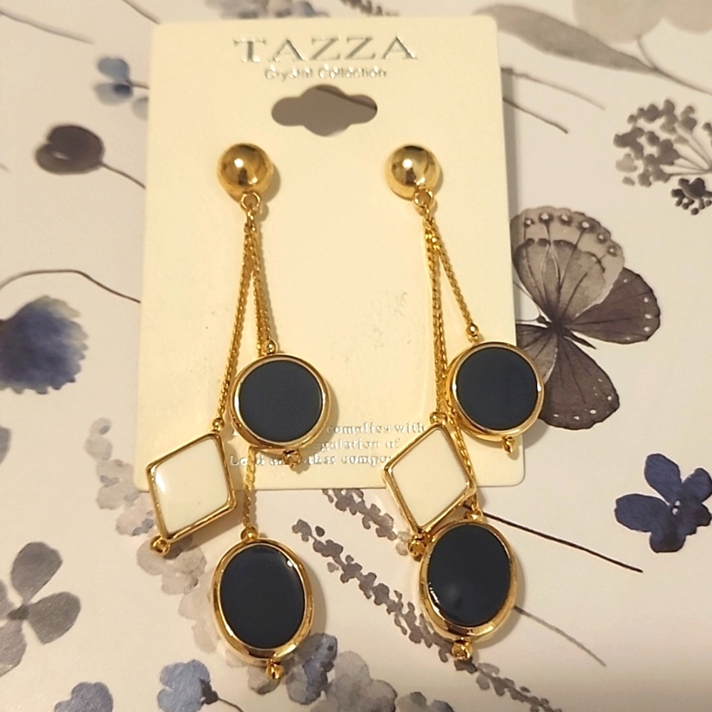 Elegant Gold, White and Dark Blue Dangle Earrings